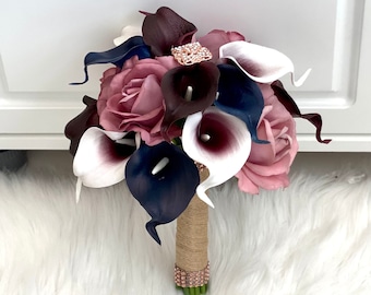 Dusty Rose Bouquet, Burgundy Bouquet, Rose Gold Bouquet, Calla Lily Bouquet, Mauve Bouquet, Burgundy and Navy Bouquet, Rose Gold Brooch Bouq