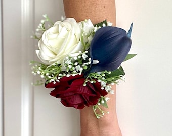 Burgundy and Navy Wrist Corsage, Burgundy Corsage, Rose Wrist Corsage, Burgundy Corsage, Navy  Corsage, Mother Wrist Corsage, Wedding Wrist