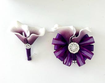 Picasso Purple Calla Lily Corsage & Boutonniere Set – Real Touch Flowers with Silver Crystal Accents