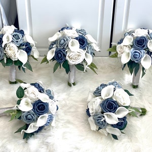 1 Dusty Blue Bouquet, Steel Blue Bouquet, Blue Rose Bouquet, White Bouquet, Real Touch Calla Lily Bouquet, Blue and White Bridal Bouquet