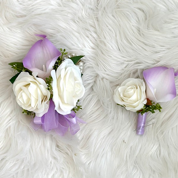 Lavender Corsage, Lavender Calla Lily, Lilac Corsage, Ivory Wrist Corsage, Purple Corsage, Wrist Corsage, Calla Lily Wrist Corsage, Pearl Co