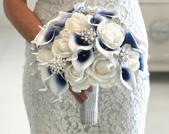 Navy Blue Calla Lily Bouquet, Navy Calla Lily Bouquet, Real Touch Rose Bouquet, Calla Lily Bouquet, Brooch Bouquet, Bling Bouquet, Navy Broo