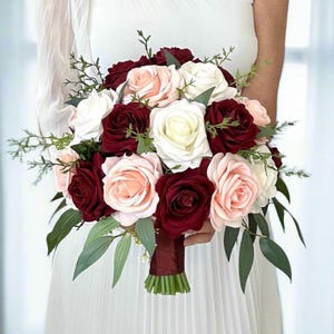 Burgundy Blush Ivory Rose Bridal Bouquet, Real Touch Wedding Flowers