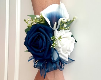 Navy Blue Wrist Corsage, Navy Corsage, Navy Calla Lily Corsage, Pin Corsage, Navy Wrist Corsage, Blue Wrist Corsage, Picasso Navy Corsage, P