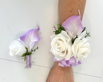 Lavender Calla Lily Wrist Corsage: Ivory Rose Wedding Corsage & Boutonniere