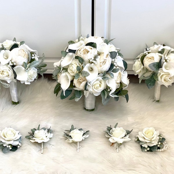 Pricing In Description Ivory Bouquet, Peony Bridal Bouquet, Silk Peony Bouquet, Ivory Rose Bouquet, Boho Bouquet, Lambs Ear Bouquet, Sage