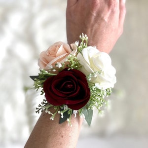 Burgundy and Blush Bouquet, Peony Bouquet, Marsala Bouquet, Burgundy Bouquet, Boho Bouquet, Greenery Bouquet, Blush Peony Bouquet, Cream Peo Rose Wrist Corsage