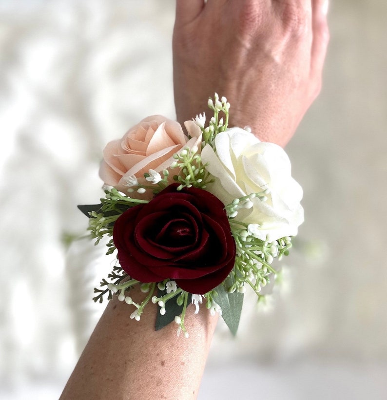 Burgundy and Blush Bouquet, Peony Bouquet, Marsala Bouquet, Burgundy Bouquet, Boho Bouquet, Greenery Bouquet, Blush Peony Bouquet, Cream Peo Rose Wrist Corsage