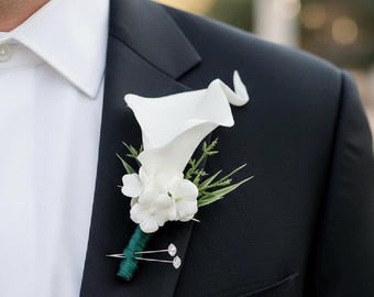 Real Touch White Calla Lily Boutonniere with Hydrangea and Greenery Accents