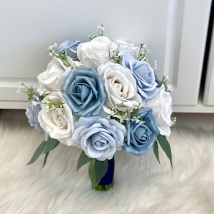 1 Dusty Blue Bouquet, Navy Blue Bouquet, Blue Rose Bouquet, White Bouquet, Real Touch Calla Lily Bouquet, Blue and White Bridal Bouquet image 1