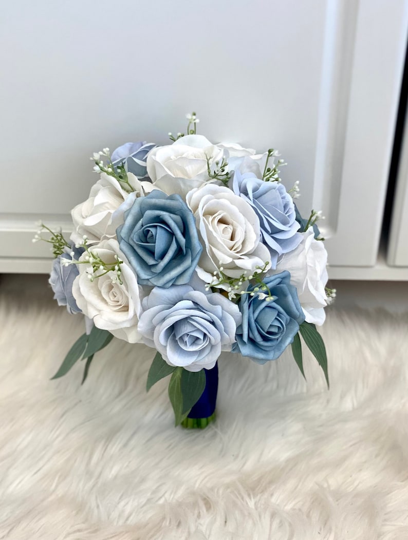 1 Dusty Blue Bouquet, Navy Blue Bouquet, Blue Rose Bouquet, White Bouquet, Real Touch Calla Lily Bouquet, Blue and White Bridal Bouquet image 1