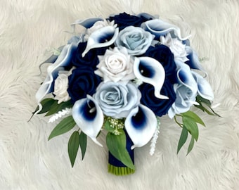 Navy Blue Bouquet, Dusty Blue Bouquet, Blue Rose Bouquet, White Bouquet, Real Touch Calla Lily Bouquet, Blue and White Bridal Bouquet
