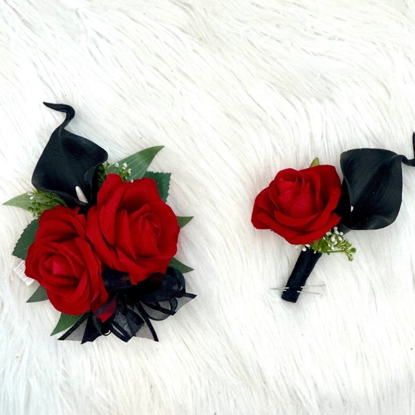 Black and Red Boutonnière, Black Calla Lily Boutonnière, Black Corsage, Red and Black Corsage, Prom Boutonnière, Prom Flowers