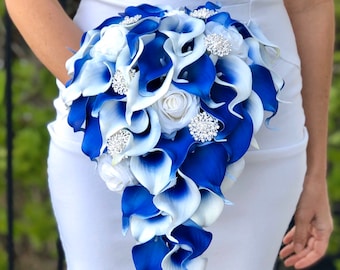 Blue Cascading Bouquet, Calla Lily Cascade Bouquet, Royal Blue Bouquet, Royal Blue Calla Lily Bouquet, Real Touch Calla Lily, Beooch Bouquet