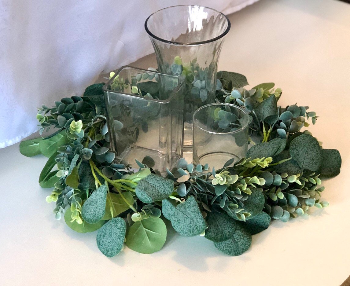 Beautiful Farmhouse Country Wedding Candle Ring Silver Drop Eucalyptus Wreath