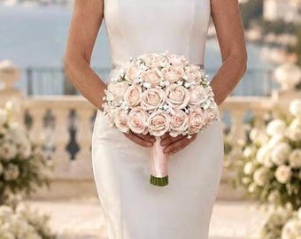 High Quality Blush Champange Rose Wedding Bouquet with Baby's Breath