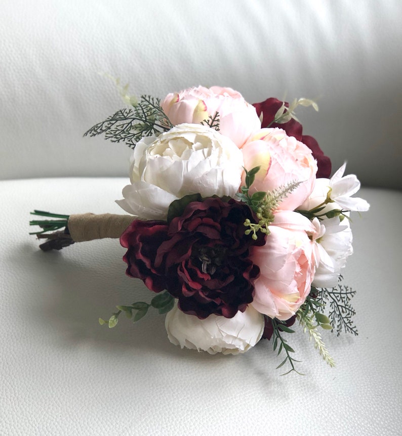 Burgundy and Blush Bouquet, Peony Bouquet, Marsala Bouquet, Burgundy Bouquet, Boho Bouquet, Greenery Bouquet, Blush Peony Bouquet, Cream Peo image 4