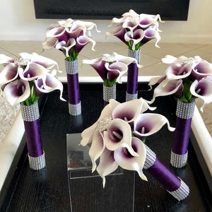 Custom Order, Purple Calla Lily Bridesmaid Bouquet, Picasso Purple Bouquet, Real Touch Calla Lily Bouquet,