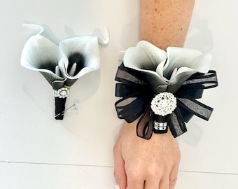 Black & White Calla Lily Corsage Boutonniere Set: Bling Prom Flowers