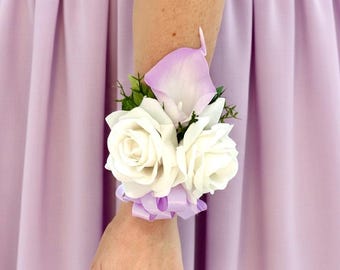 Lavender Calla Lily Wrist Corsage Ivory Rose Wedding Corsage & Boutonniere