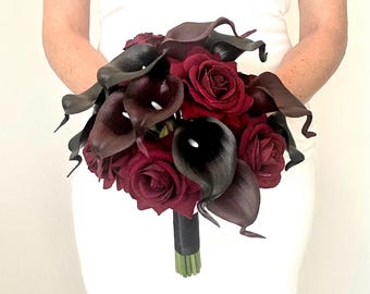 Deep Red Black Calla Lily Brooch Bouquet 10” Bridal Bouquet