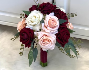 1 Rose Bridesmaid Bouquet, Burgundy and Blush Bouquet, Burgundy Bouquet, Blush Bouquet, Boho Bouquet, Burgundy Rose Bouquet, Rose Bouquet, B