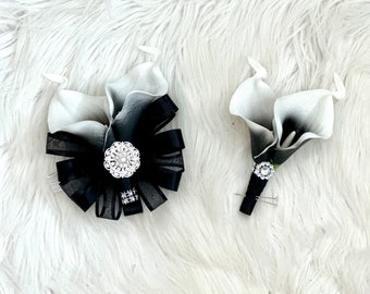 Black and White Corsage Set, Black and White Calla Lily Boutonnières, Black Bling Boutonnière, Black Corsage, Black and White Prom Flowers