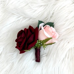 1 Burgundy and Blush Rose Boutonnière, Burgundy and Pink Boutonnière, Maroon Boutonnière, Burgundy Bouquet, Boho Boutonnière, Wine