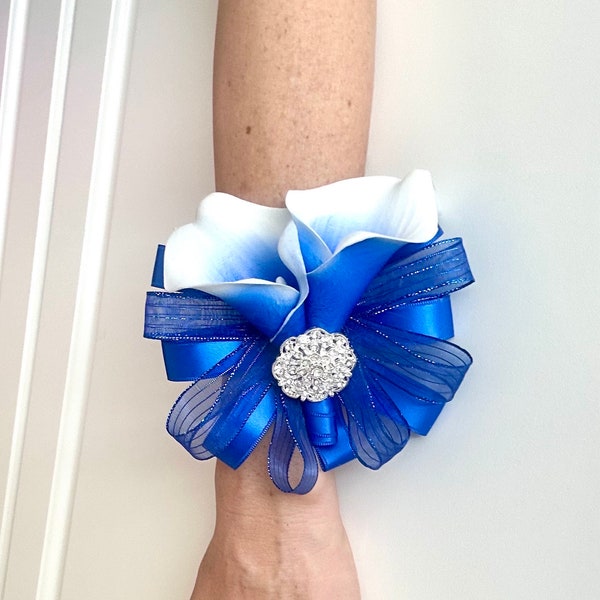 RoyalBlue and White Calla Lily Wrist Corsage, Royal BlueCalla Lily Corsage, Blue and Silver Wrist Corsage, Blue Corsage, Blue Wrist Corsage,