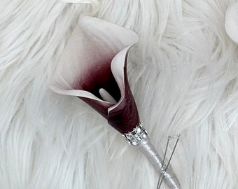 1) Purple Calla Lily Boutonniere, Real Touch Calla Lily Boutonniere, Plum Calla Lily Boutonniere, Grooms Boutonniere, Plum Boutonnière, Lily