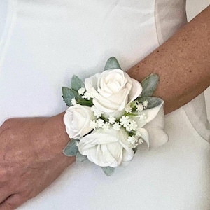 Calla Lily and Rose Wrist Corsage and Boutonniere, Real Touch Calla Lily Boutonniere, Lambs Ear Boutonniere, White Grooms Boutonniere