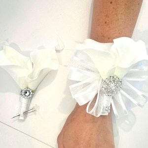 White Calla Lily Wrist Corsage, Corsage and Boutonnière Set, Prom Flowers, Silver Wrist Corsage, Real Touch Flowers, Bling Corsage,