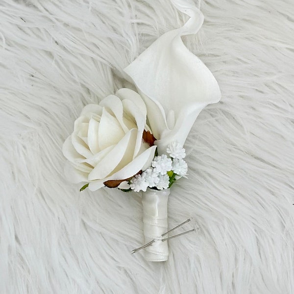 Ivory Rose and Lily Boutonniere, Ivory Rose Boutonniere, Calla Lily Boutonniere, Grooms Boutonniere, Groomsman Boutonnière, White Bout