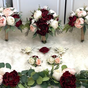 Burgundy and Blush Bouquet, Peony Bouquet, Marsala Bouquet, Burgundy Bouquet, Boho Bouquet, Greenery Bouquet, Blush Peony Bouquet, Cream Peo image 2