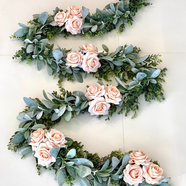 Eucalyptus Garland, Blush Garland, Lambs Ear Garland, Wedding Centerpiece, Arch Flowers, Pink Rose Garland, Greenery Garland, Pink Garland,