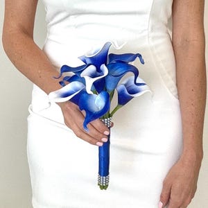 Royal Blue Bridesmaid Bouquet, Blue Lily Bouquet, Real Touch Calla Lily Bouquet, Brooch Bouquet, Bling Bouquet,Calla Bridesmaid Lily Bouquet