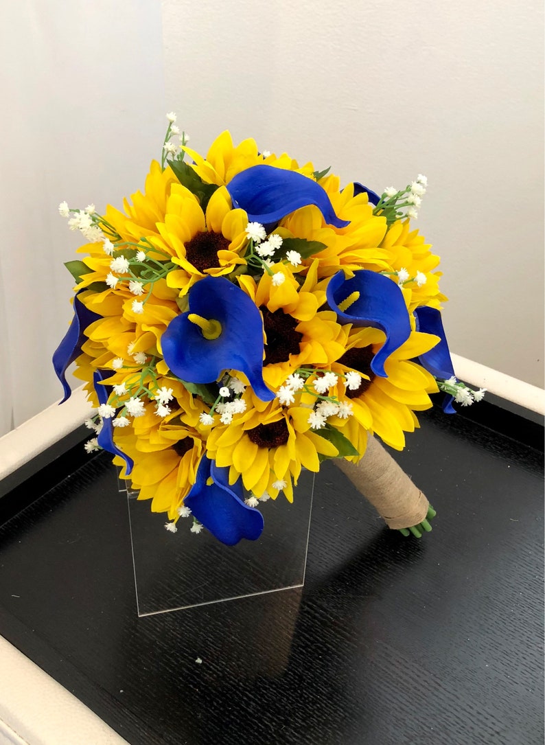 Sunflower Bouquet Babys Breath Sunflower Bouquet 12 Sunflower Bridal Bouquet Sunflower And Calla Lily Bouquet Silk Royal Blue Bouquet