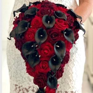 Black Calla Lily Bouquet, Black and Red Bouquet, Black and Red Calla Lily Bouquet, Red Rose Bouquet, Black Wedding Flowers, Burgundy Wedding