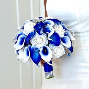 Royal Blue Bridesmaid Bouquet, Blue Lily Bouquet, Real Touch Calla Lily Bouquet, Brooch Bouquet, Bling Bouquet, Calla Lily Bouquet