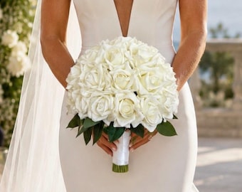 Luxury Real Touch Ivory Rose Wedding Bouquet: Artificial Flower Package