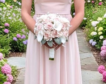 Pink Rose and White Calla Lily Real Touch Wedding & Prom Flower Package with Baby’s Breath Lamb’s Ear Accents – Satin Wrapped Bridal, Brid