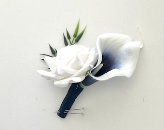 Navy Blue Calla Lily Corsage & Boutonniere Set