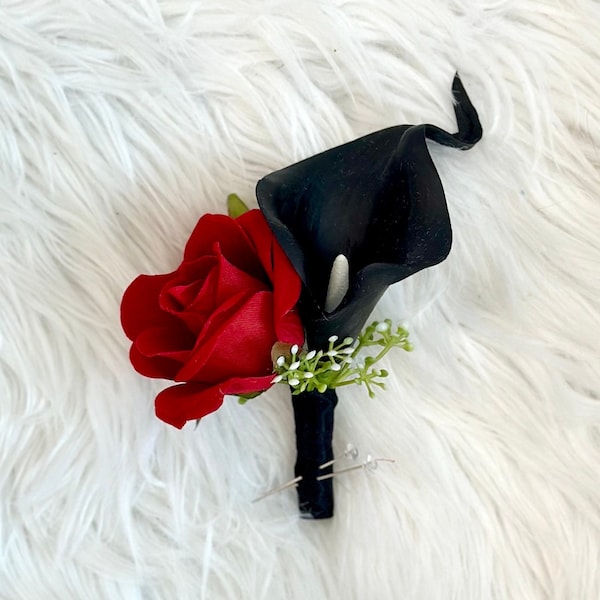 1 Black and Red boutonnière, Black Calla Lily Boutonnière, Groom Boutonnière, Groomsman Boutonnière, Prom Flowers, Lapel Flower, Red Rose Gr