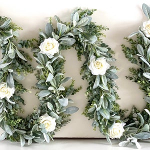 Eucalyptus Garland, Lambs Ear Garland, Wedding Centerpiece, Arch Flowers, Ivory Rose Garland, Greenery Garland, Table Runner, Lam