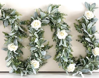 Eucalyptus Garland, Lambs Ear Garland, Wedding Centerpiece, Arch Flowers, Ivory Rose Garland, Greenery Garland, Table Runner, Lam