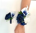 Navy Blue Calla Lily Wrist Corsage: Picasso Rose Accent