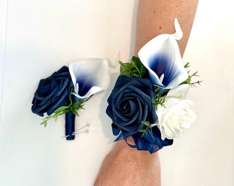 Navy Blue Calla Lily Wrist Corsage: Picasso Rose Accent