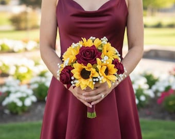 Sunflower & Burgundy Rose Wedding Bouquet with Baby's Breath