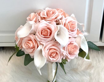 Blush Rose Bouquet, Silk Blush Bouquet, Pale Pink Bouquet, Blush Bouquet, Blush and Ivory Bouquet, Rose Bouquet, Blush Bridesmaid Bouquet