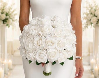 Pearl Bridal Bouquet & Matching Boutonniere Set, Ivory Rose Wedding Bouquet, Luxury Pearl Wedding Flowers, Bride Bouquet, Keepsake Bouquet,